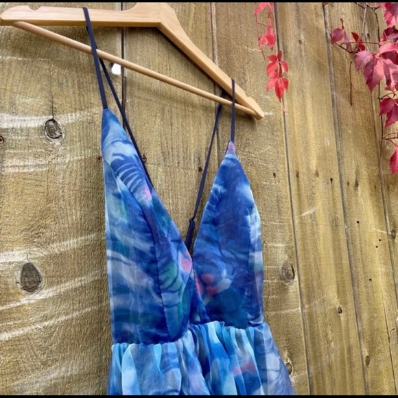 Navy Blue Watercolor Backless Organza Maxi Dress 🌿 - Picture 5 of 11